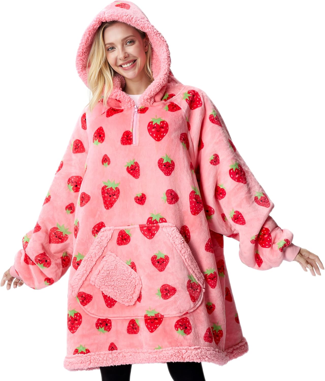 Cozy Flannel Hoodie Blanket - Giant Pocket & Sleeves - Strawberry