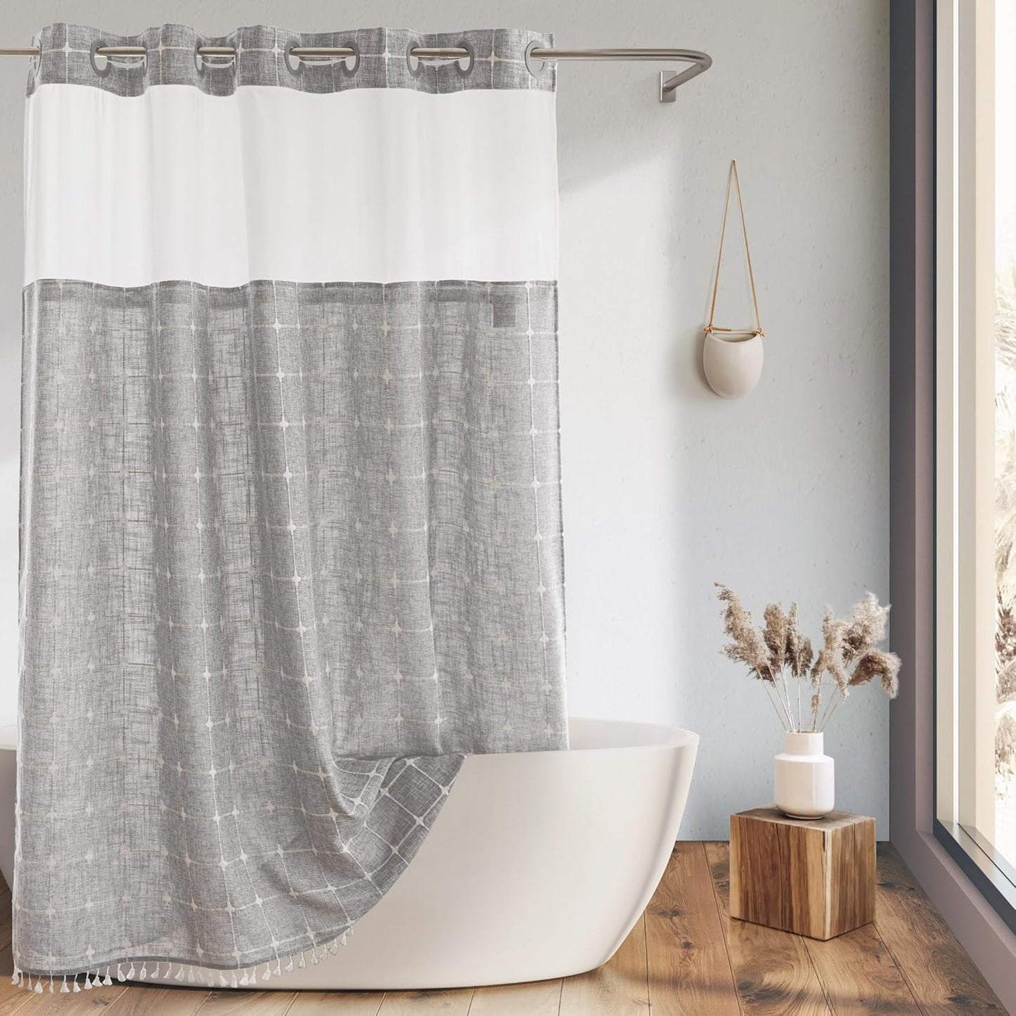 Farmhouse Shower Curtain with Snap-in Liner for Rustic Decor