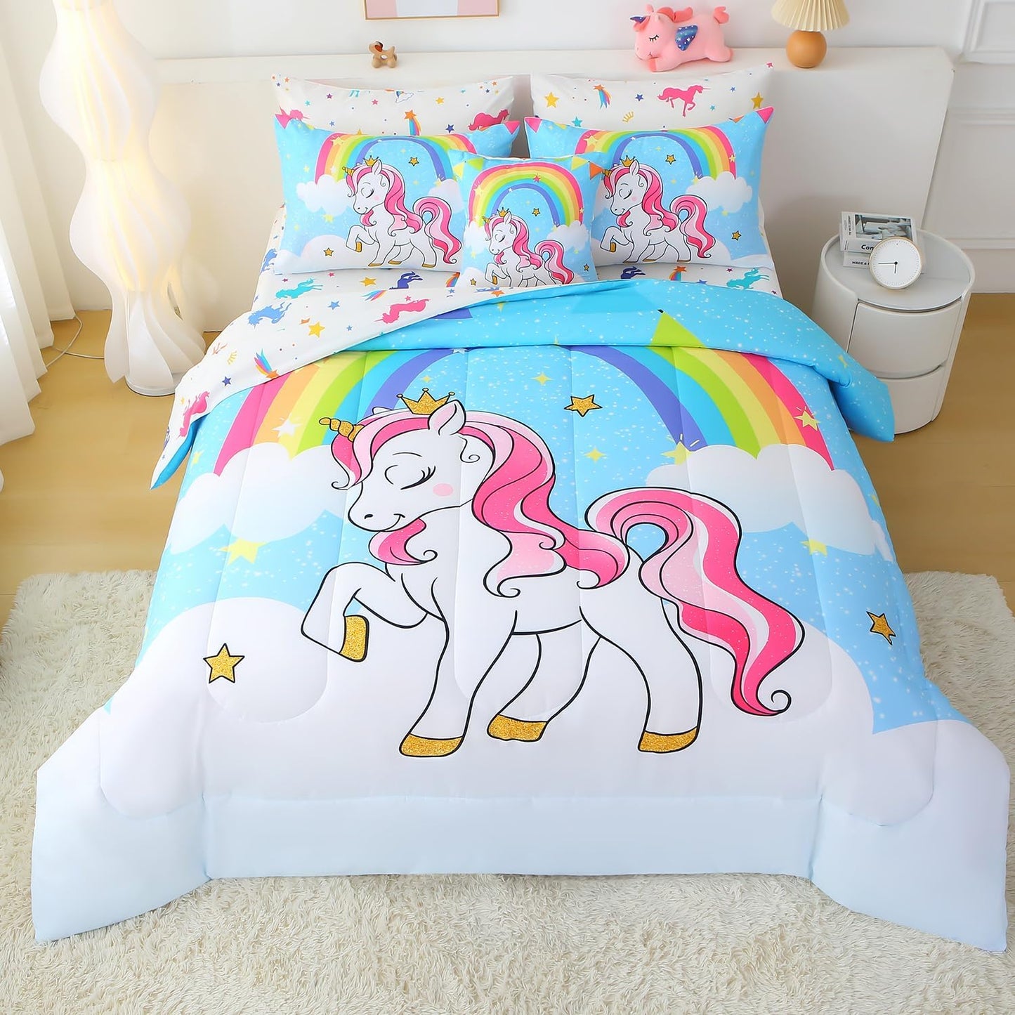 Unicorn Full Bedding Set for Girls with 3D Rainbow Clouds