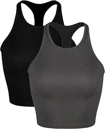 ODODOS Women's Crop 3-Pack Washed Seamless Rib-Knit Camisole Tops