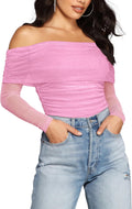 Off The Shoulder Long Sleeve Bodysuit - Slimming Sheer Mesh Top This