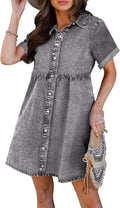 Women's Tiered Denim Babydoll Dress - Casual Button Down Short Sleeve