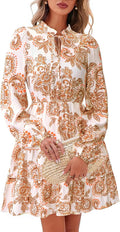 Women Fall Floral V Neck Long Sleeve Tiered Ruffle Mini Dress - Boho