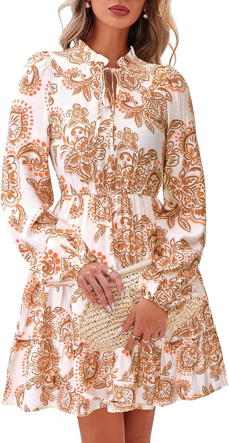 BTFBM Women Fall Dresses 2025 Floral V Neck Long Sleeve Mini