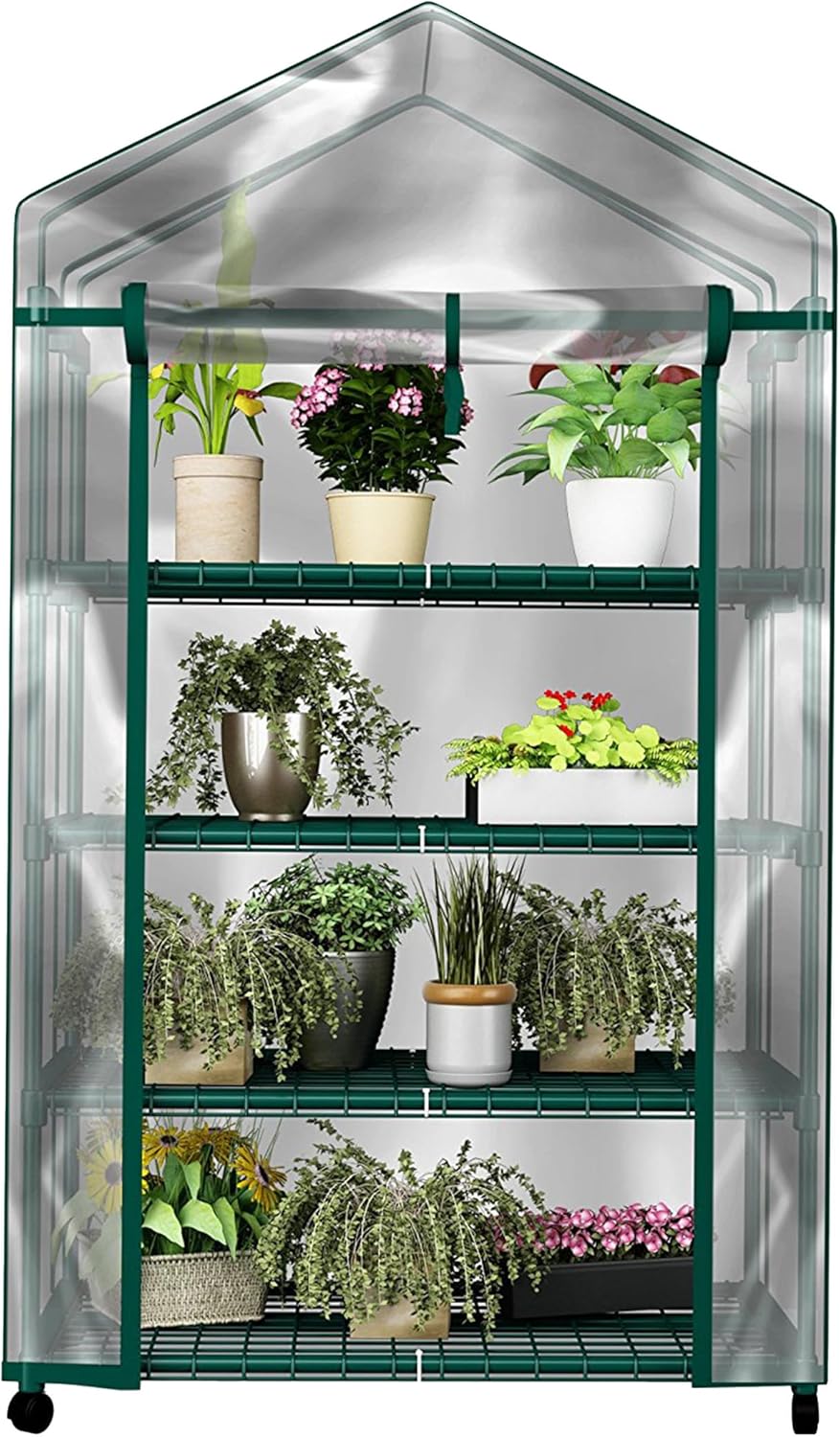 Portable 4-Tier Greenhouse with Locking Wheels - Indoor/Outdoor Use - 27 x 19 x 63