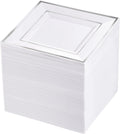 White and Silver Square Plastic Plates 100PCS - Elegant 6in Dessert