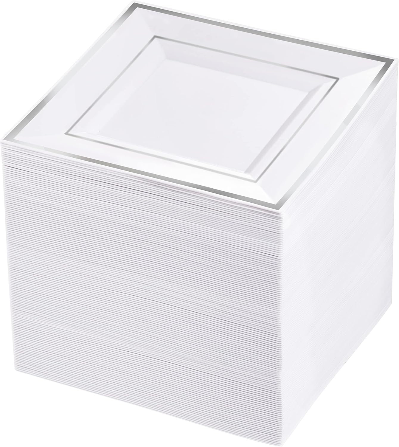bUCLA 100PCS White and Silver Square Plastic Plates for Events