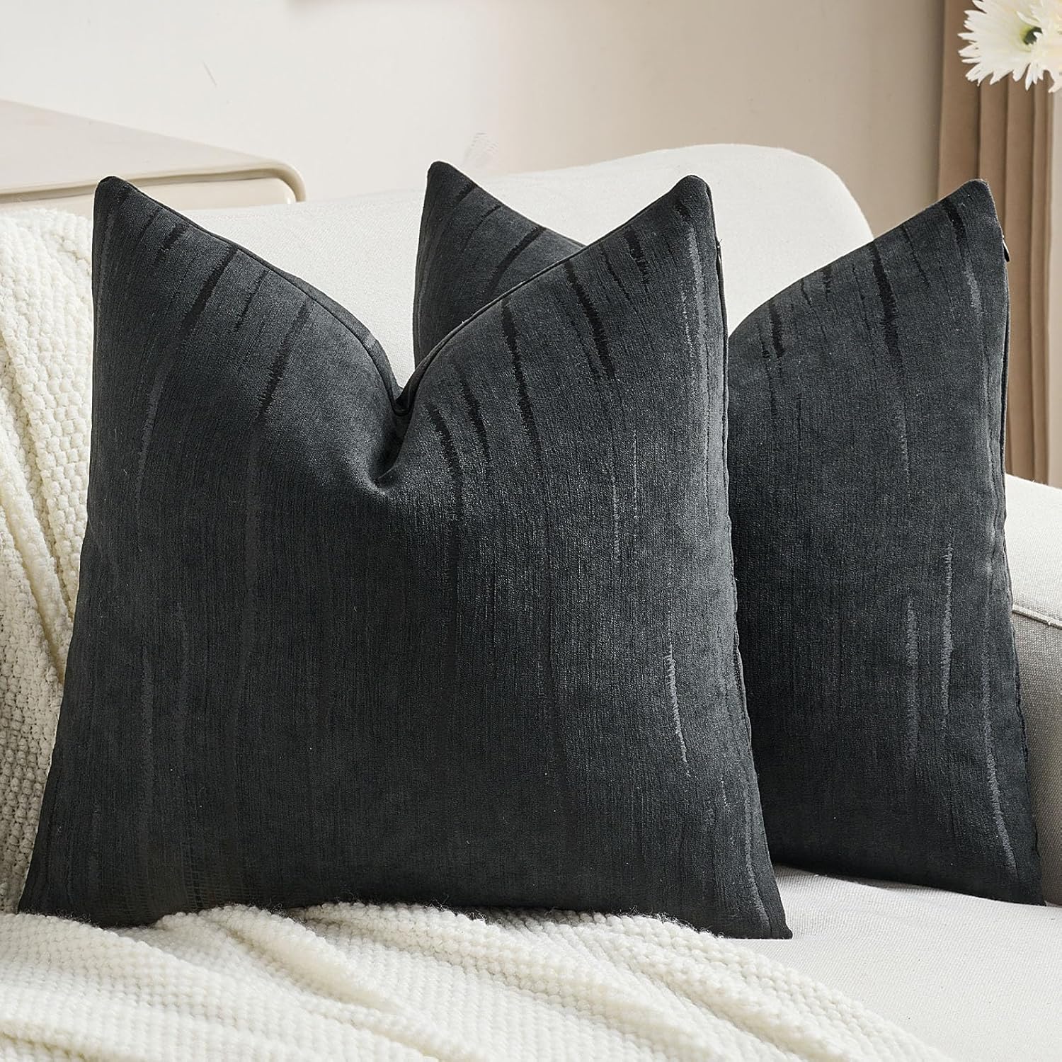 FUTEI Black Chenille Decorative Throw Pillow Covers Set of 2