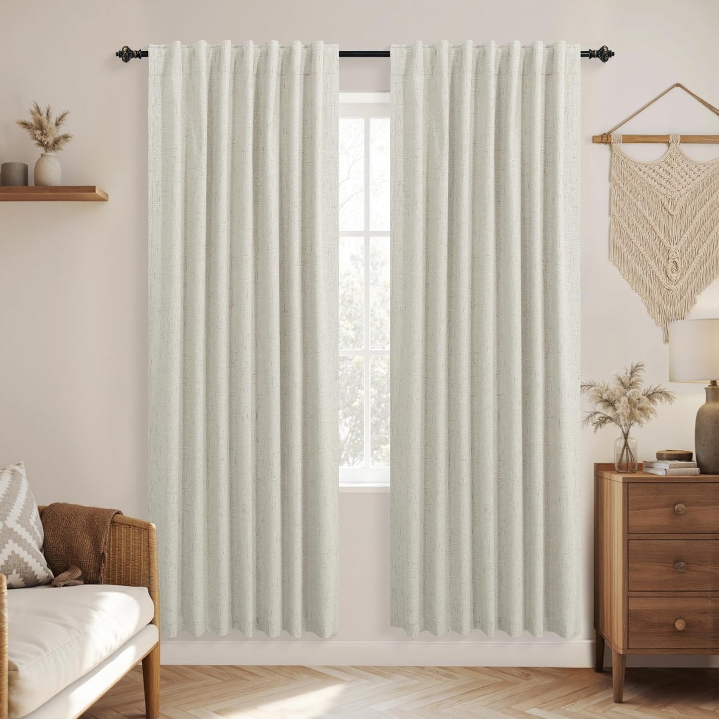 KOUFALL Natural Back Tab Linen Blackout Curtains for Living Room