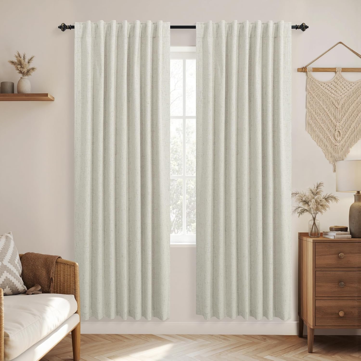 KOUFALL Natural Back Tab Linen Blackout Curtains for Living Room