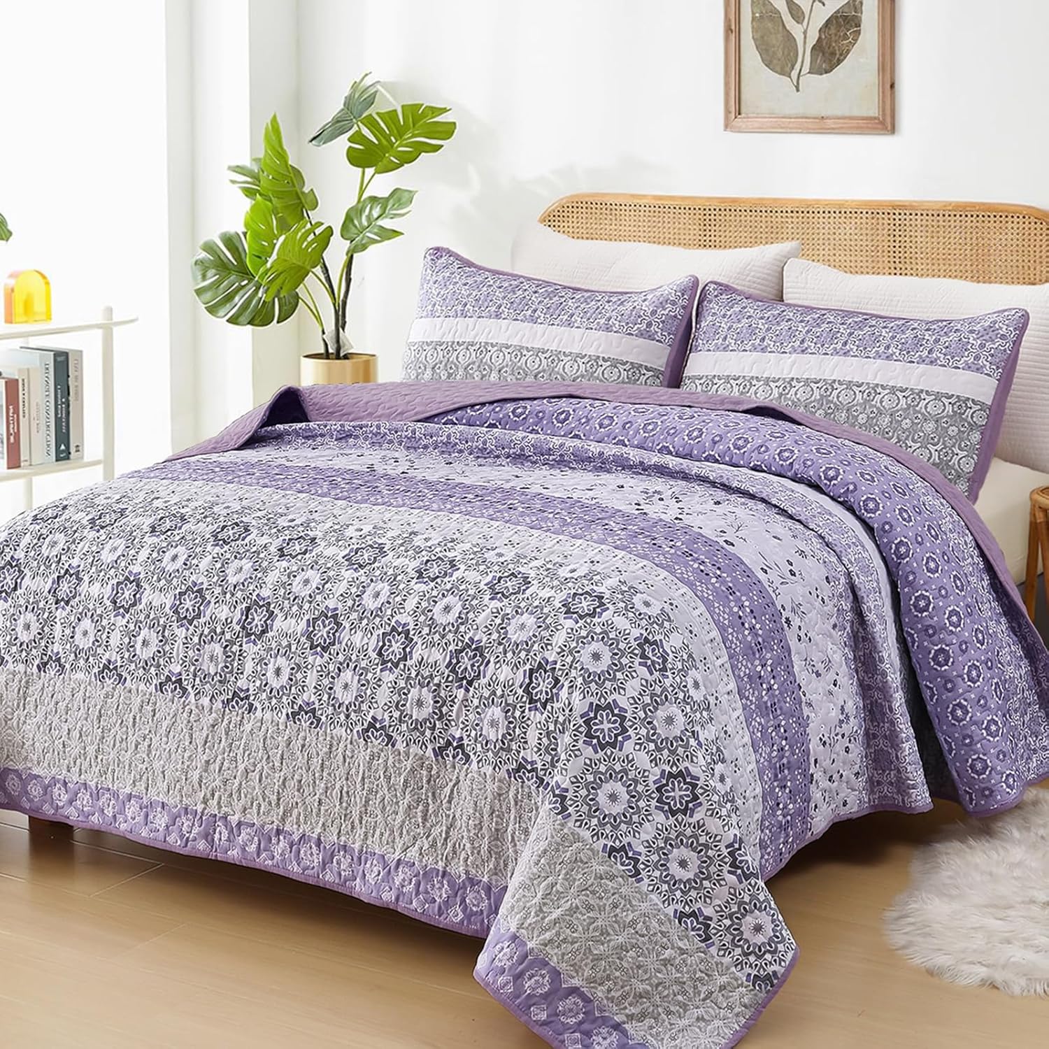 Boho Quilt Set Queen Size in Lavender Purple for All Seasons