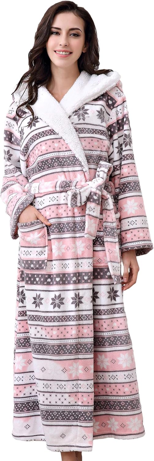 Plush Fleece Bathrobe for Women with Pockets and Adjustable Belt 55in