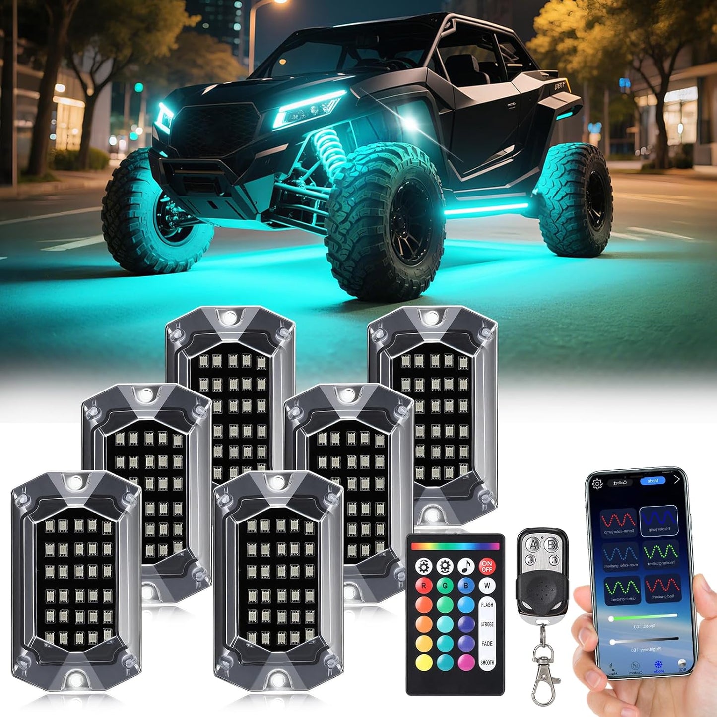 6Pods Full Angle RGB LED Rock Lights Kit for Trucks and UTVs