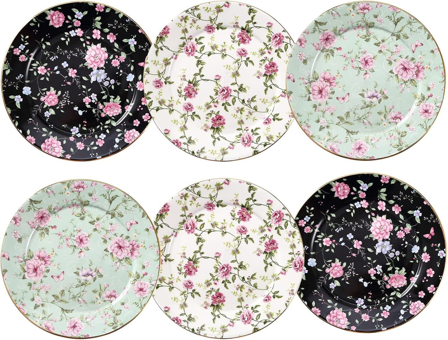 Elegant Floral Design 8-Inch Ceramic Plates Set of 6 for Dining