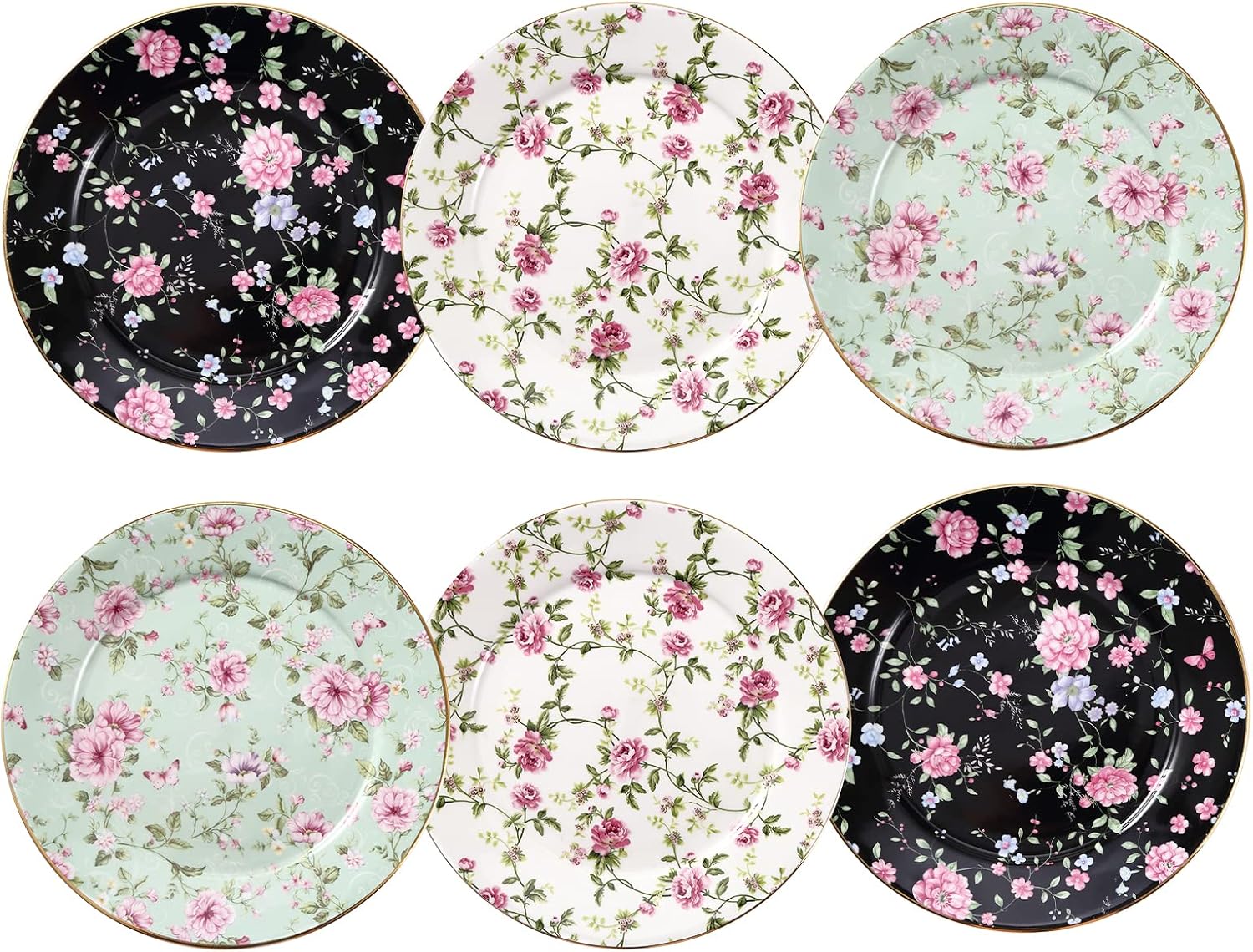 Elegant Floral Design 8-Inch Ceramic Plates Set of 6 for Dining