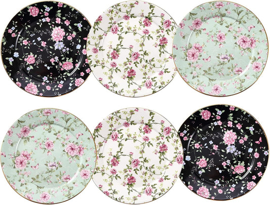 Elegant Floral Design 8-Inch Ceramic Plates Set of 6 for Dining