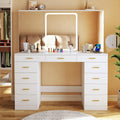 White Vanity Desk: 11 Drawers, Hidden Shelves, LED Lights