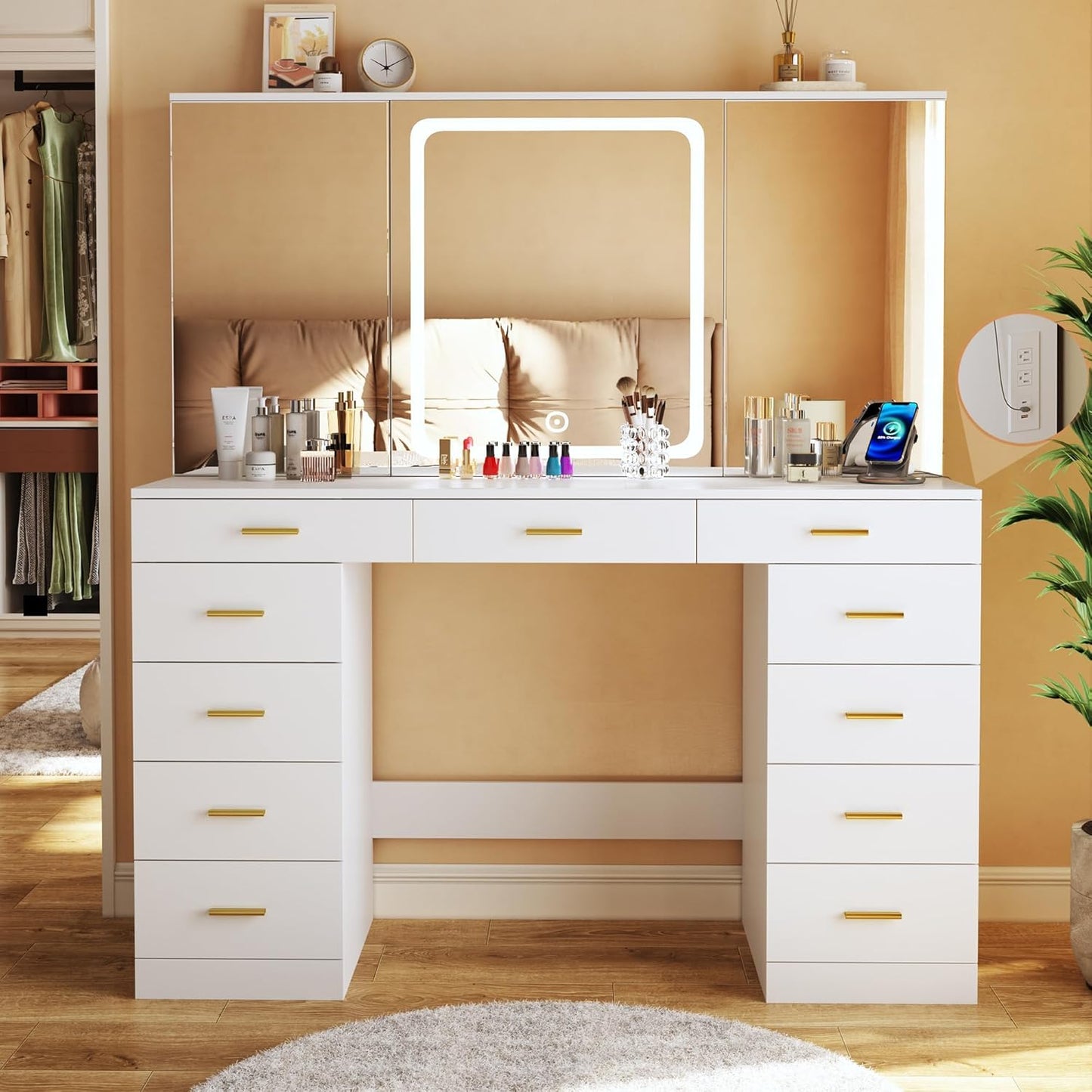White Vanity Desk: 11 Drawers, Hidden Shelves, LED Lights