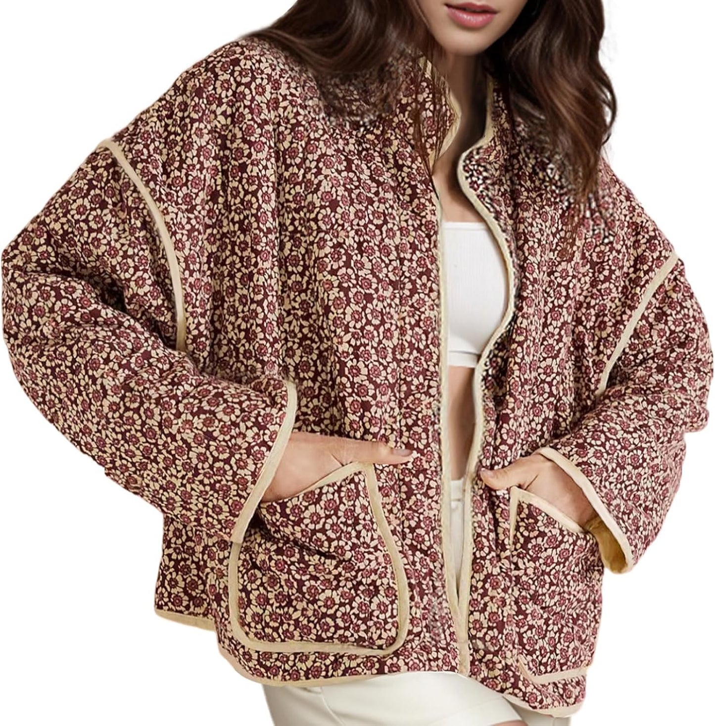 Stylish Women's Cropped Puffer Jacket with Floral Print Design
