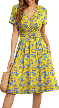 Women Summer Short Sleeve Floral V-Neck Dress with Pockets WEACZZY