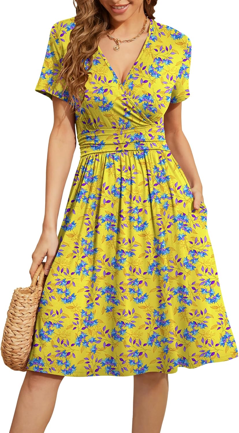 WEACZZY Women's Summer Short Sleeve Casual Floral Dress with Pockets