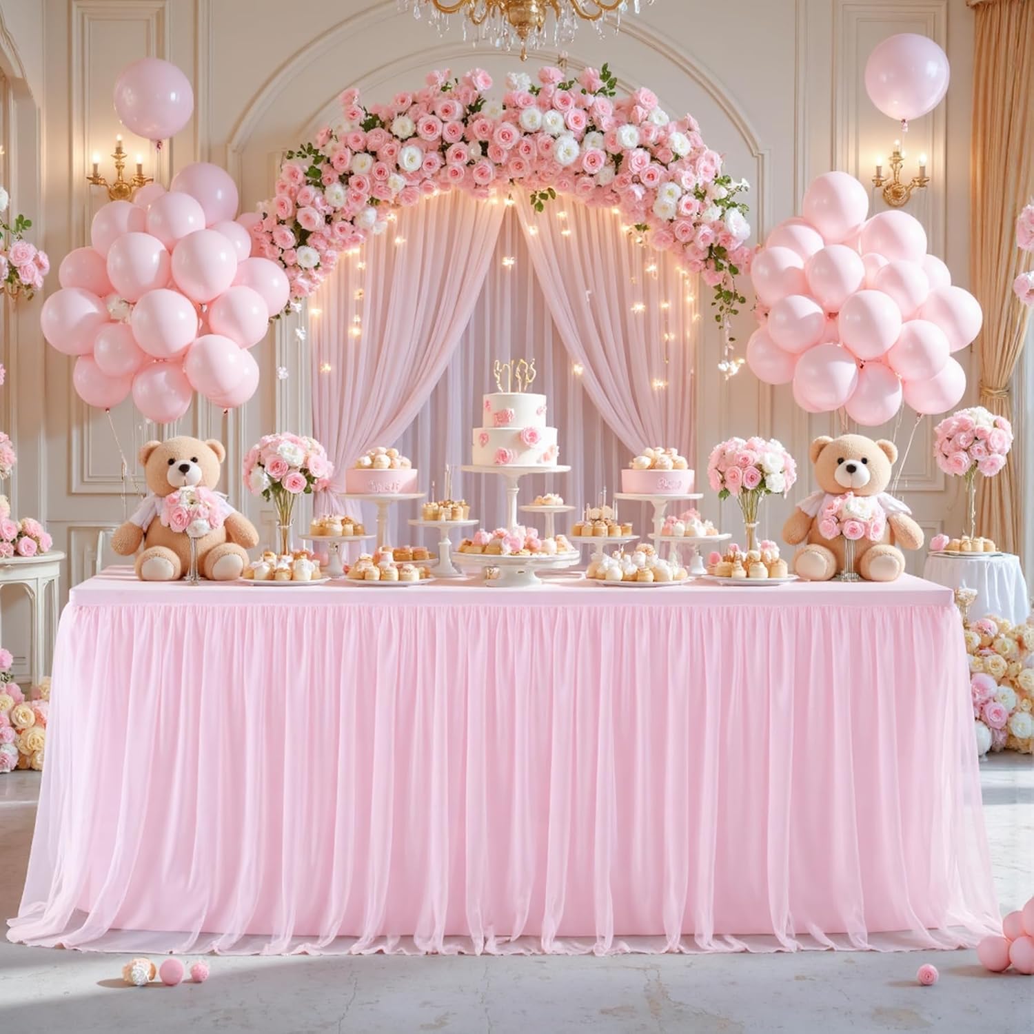 8ft Pink Tulle Tablecloths for Elegant Baby Showers and Parties