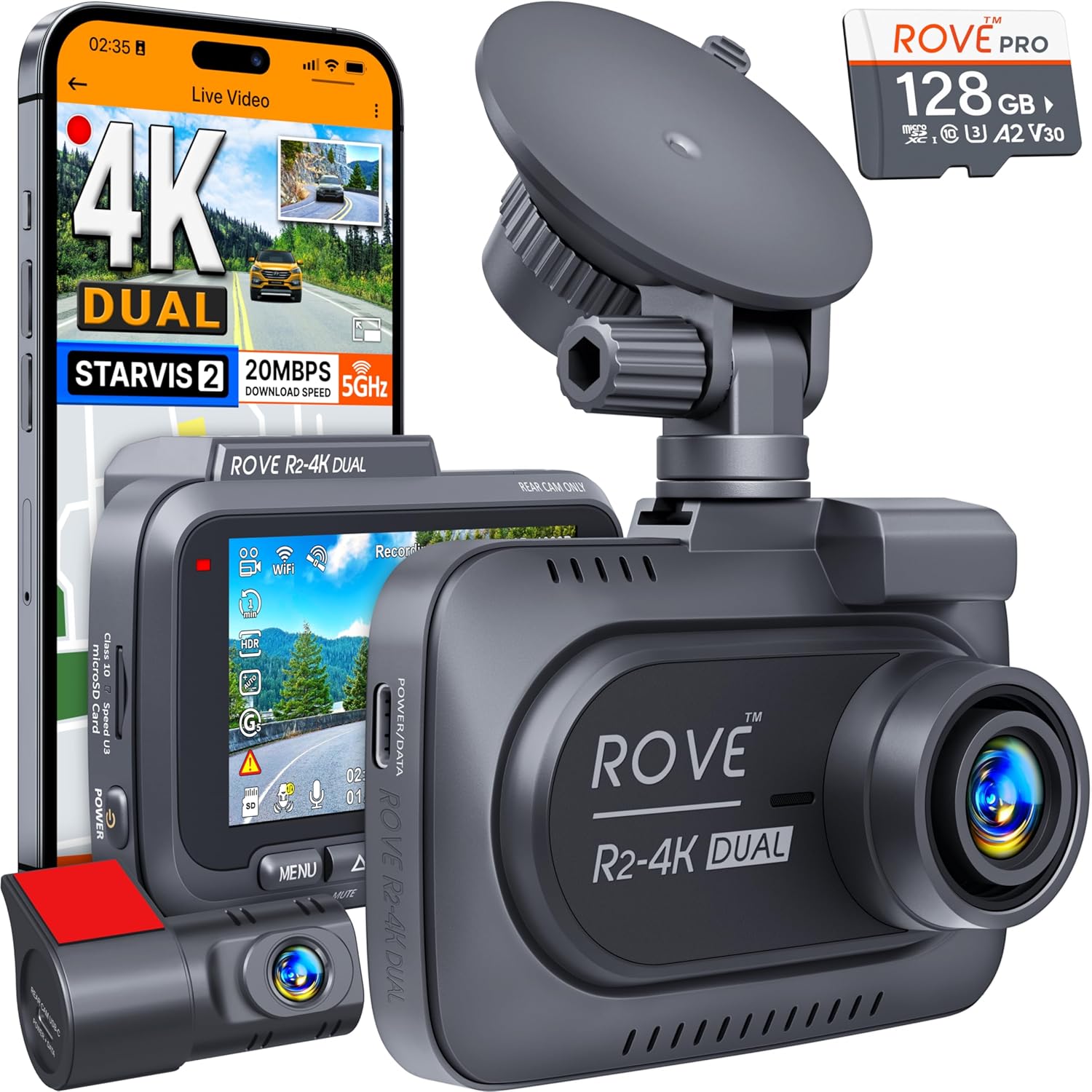 ROVE R2-4K Dual Dash Cam - 5G WiFi, Fastest Downloads, 24H Parking Mode