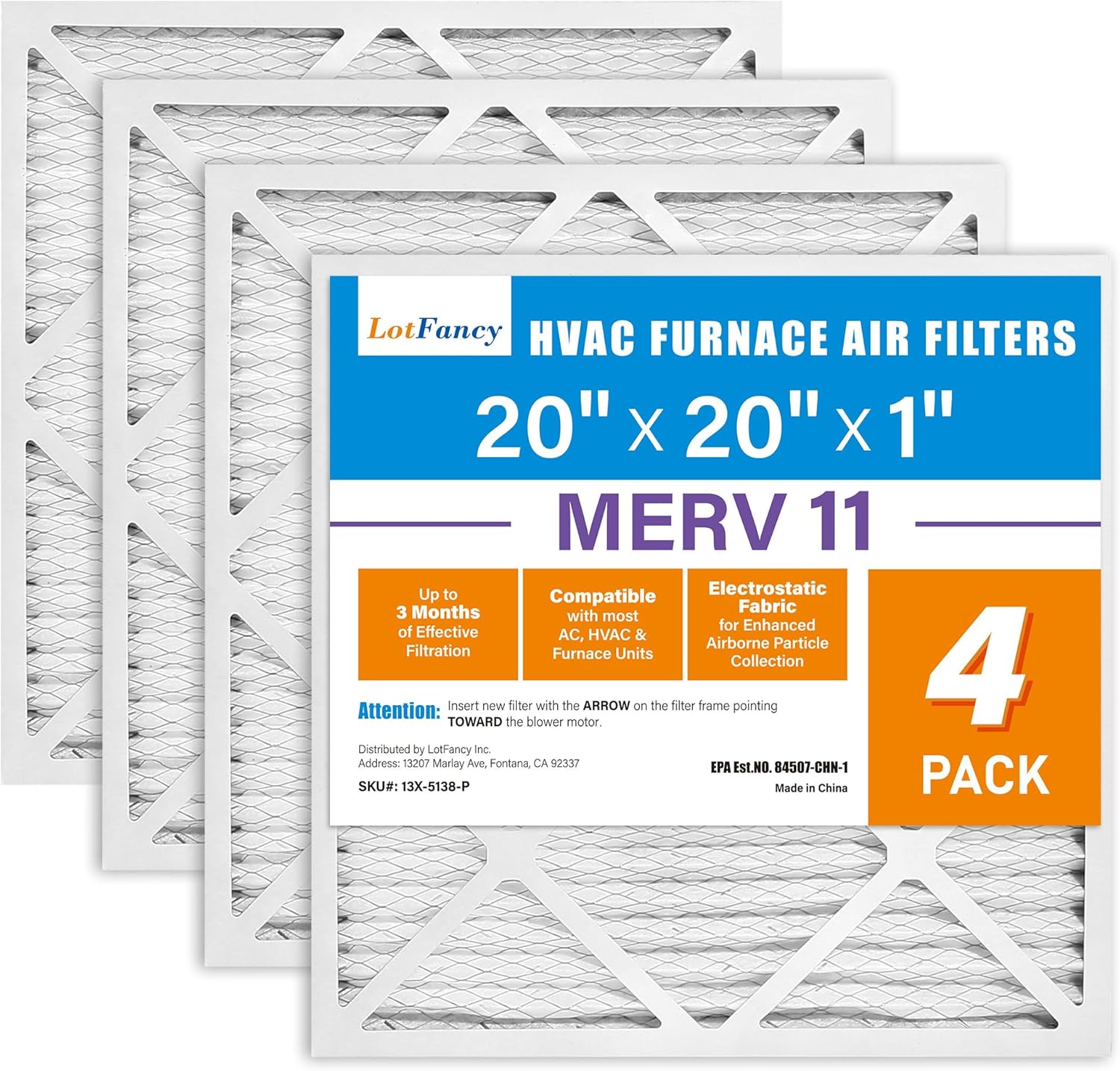 LotFancy 20x20x1 Air Filter 4 Pack MERV 11 for HVAC Systems