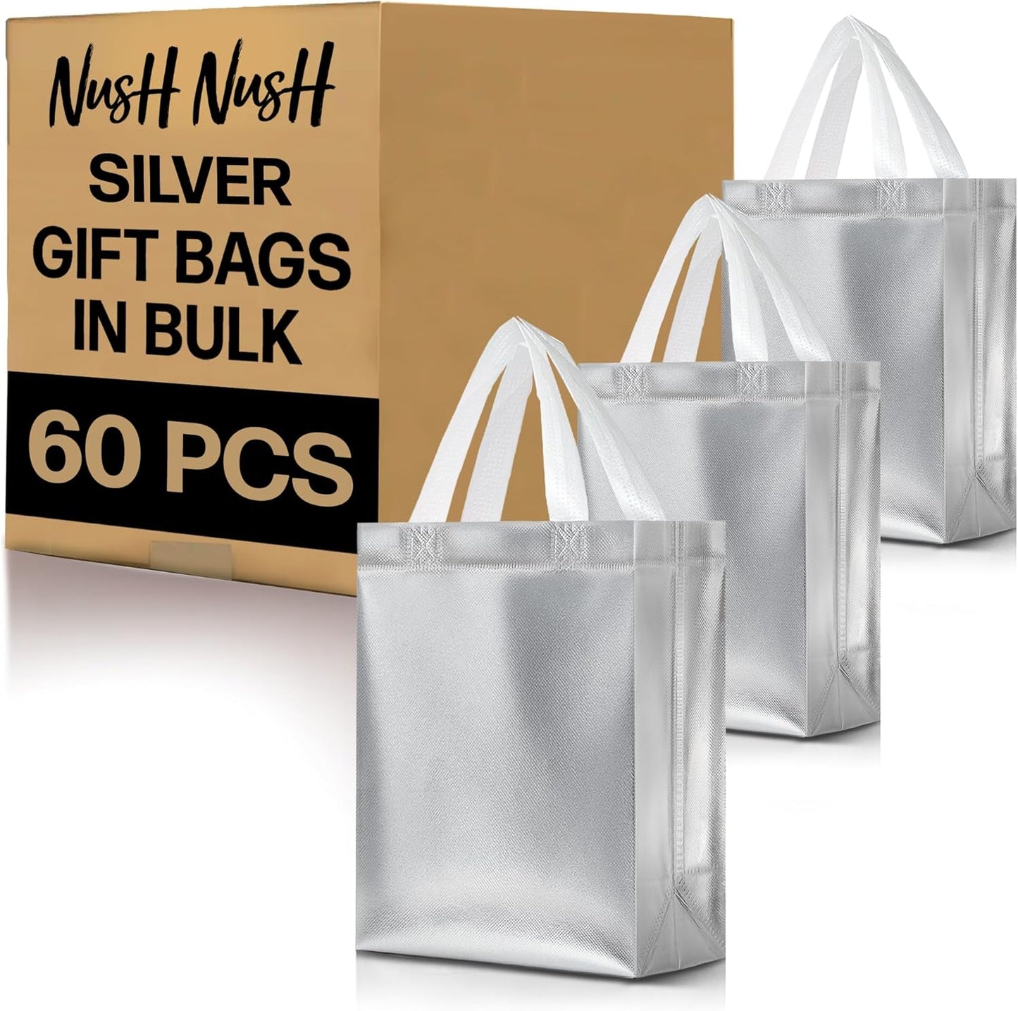 Nush Nush Set of 60 Silver Gift Bags - Reusable & Stylish