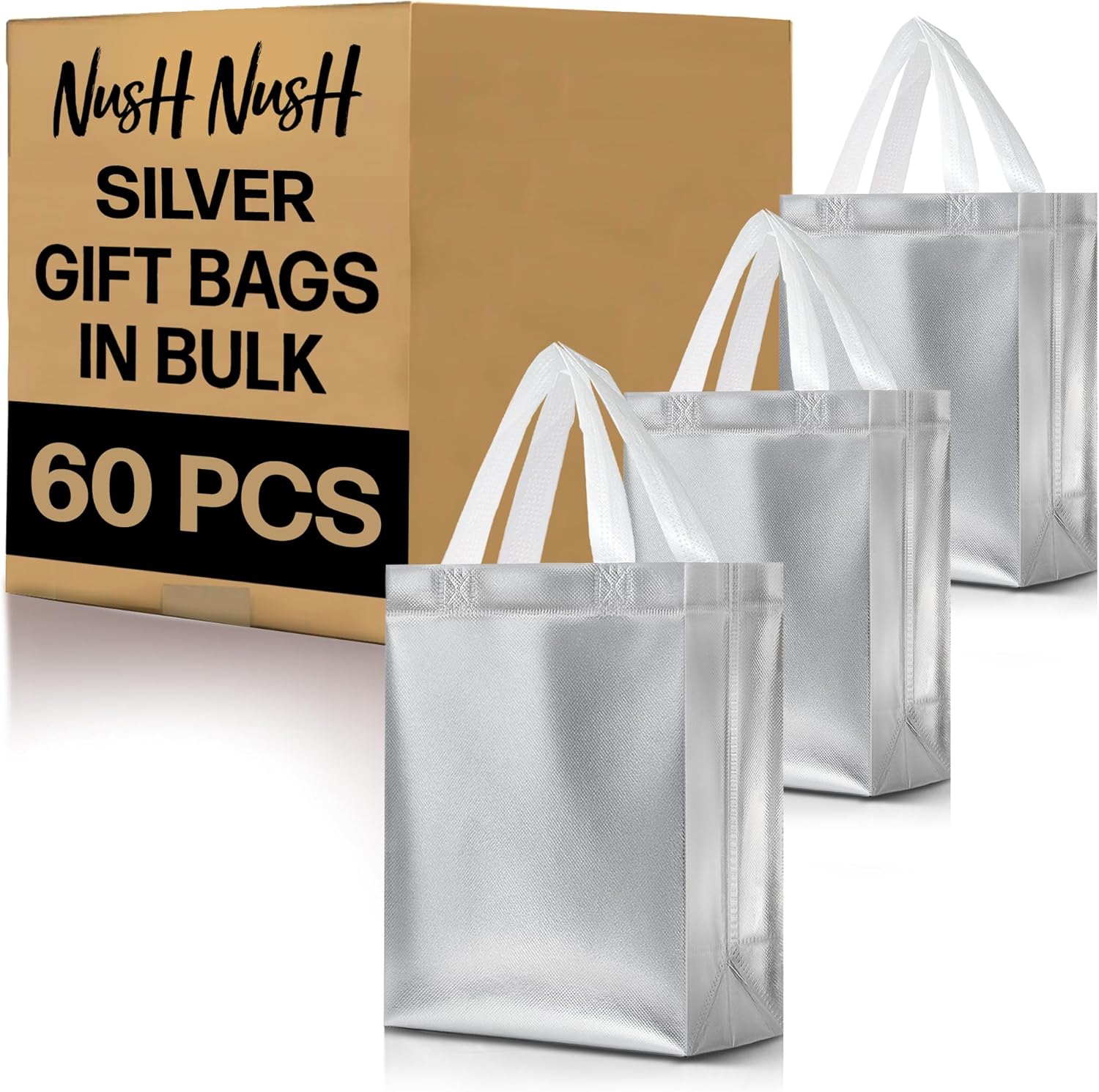 Nush Nush Set of 60 Silver Gift Bags - Reusable & Stylish