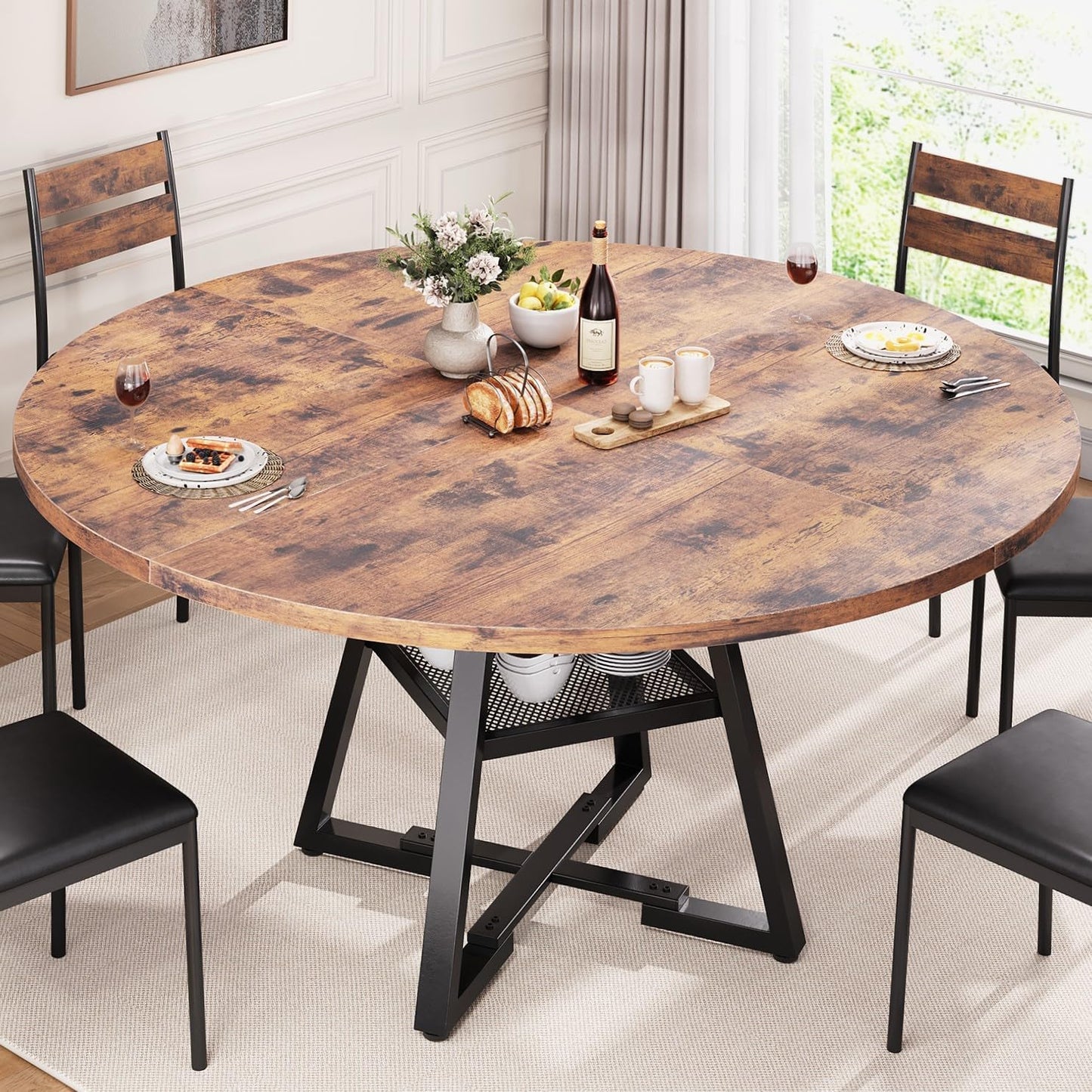 51 Inch Round Dining Table for 6 - Space Saving Wood Design