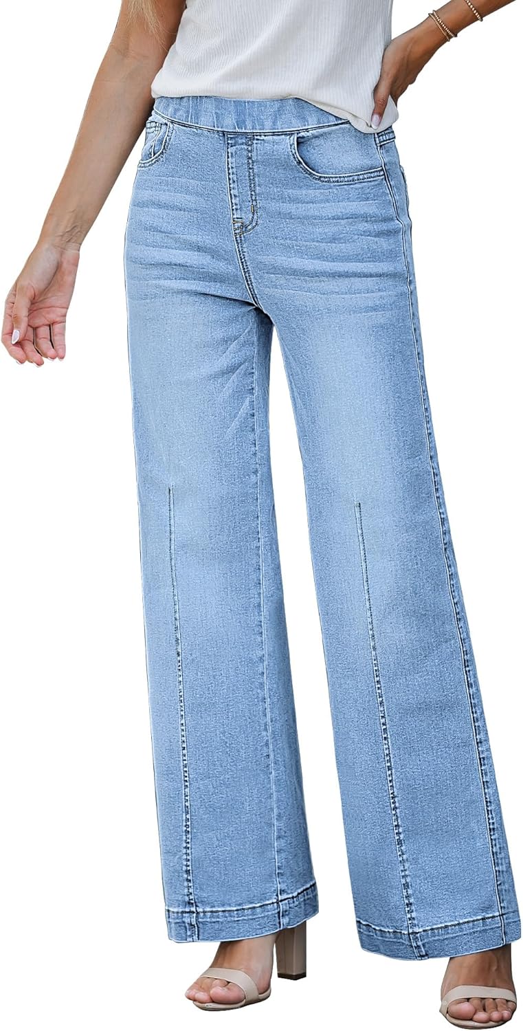 GRAPENT Pull On Womens Jeans Baggy Stretchy High Waisted Denim