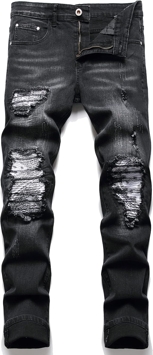 OIIIO Men's Patch Ripped Stretch Regular Fit Jean Review