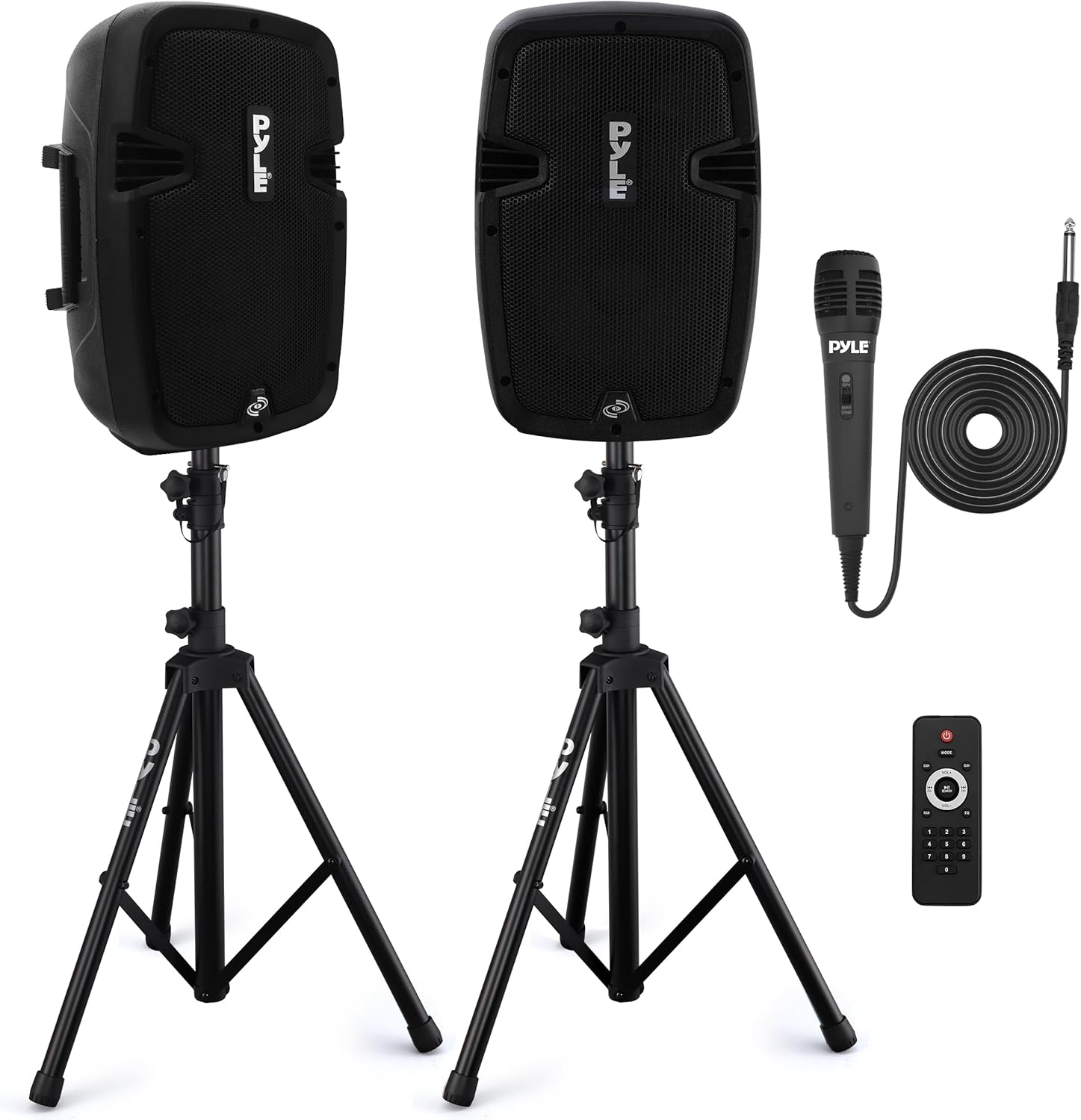 Powerful Plug-and-Play PA Speaker Set - 350w Loudspeakers, Mic, Stands, Remote - Pyle