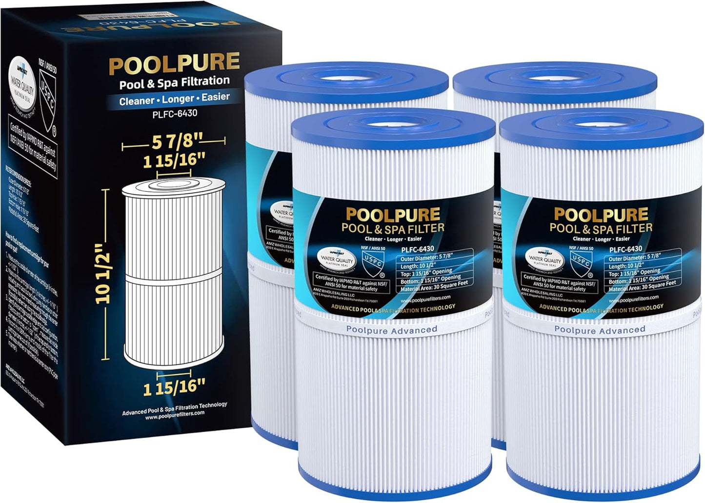 POOLPURE C-6430 Spa Filter for Watkins, Pleatco, Filbur 4 PACK