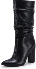 Womens Winter Slouchy High Heel Mid Calf Suede Boots - Comfortable Non