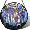 Stained Glass Window Hanging with Purple Wisteria Flowers Design