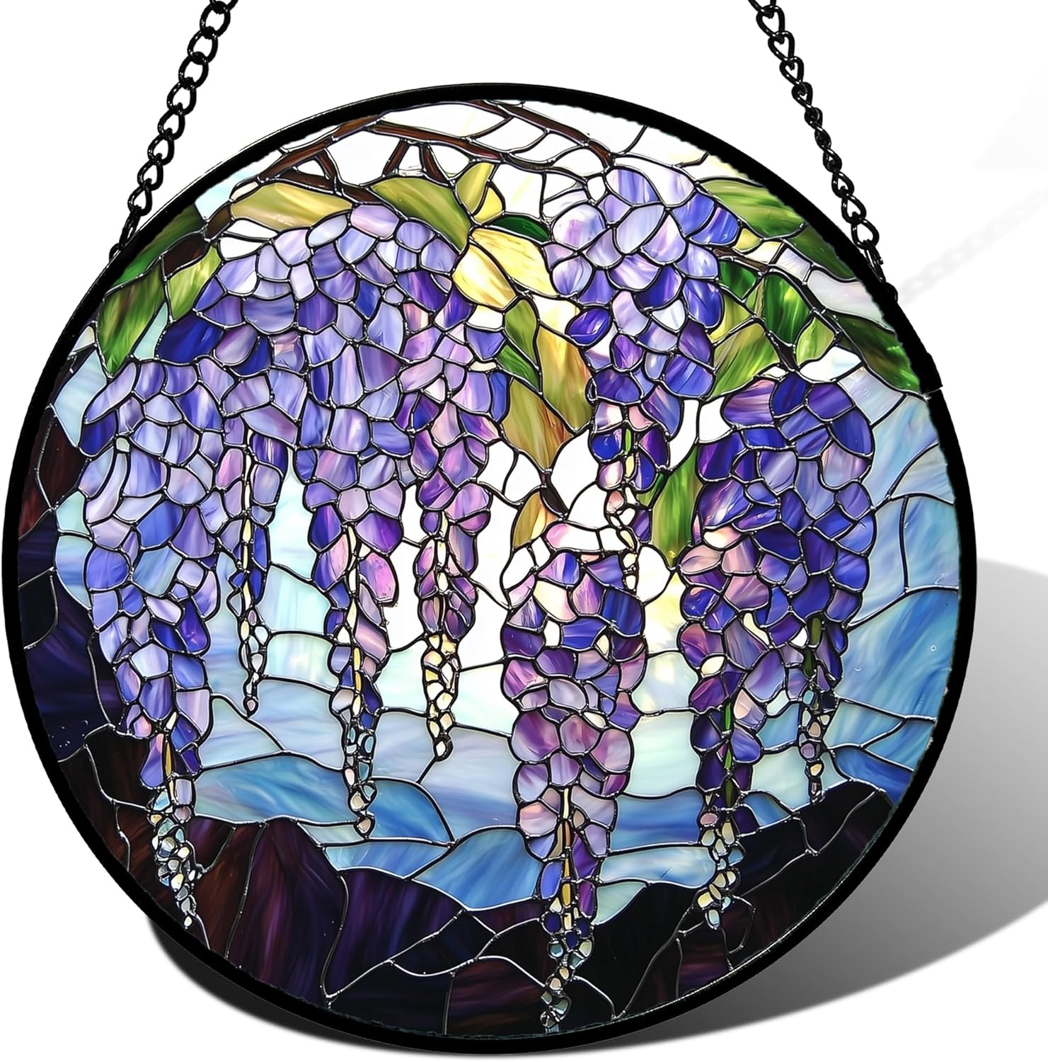 Stained Glass Window Hanging with Purple Wisteria Flowers Design