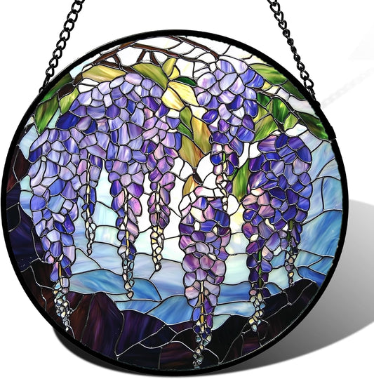 Stained Glass Window Hanging with Purple Wisteria Flowers