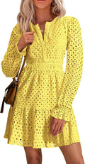 PRETTYGARDEN Long Sleeve Eyelet V Neck Mini Dress - Elegant Casual 20