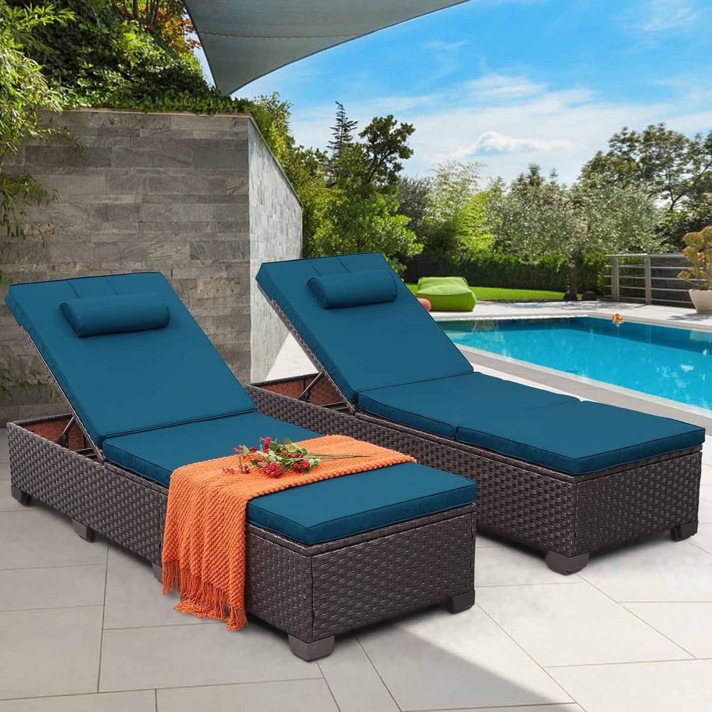 Outdoor PE Wicker Chaise Lounge Set for Relaxing by the Pool