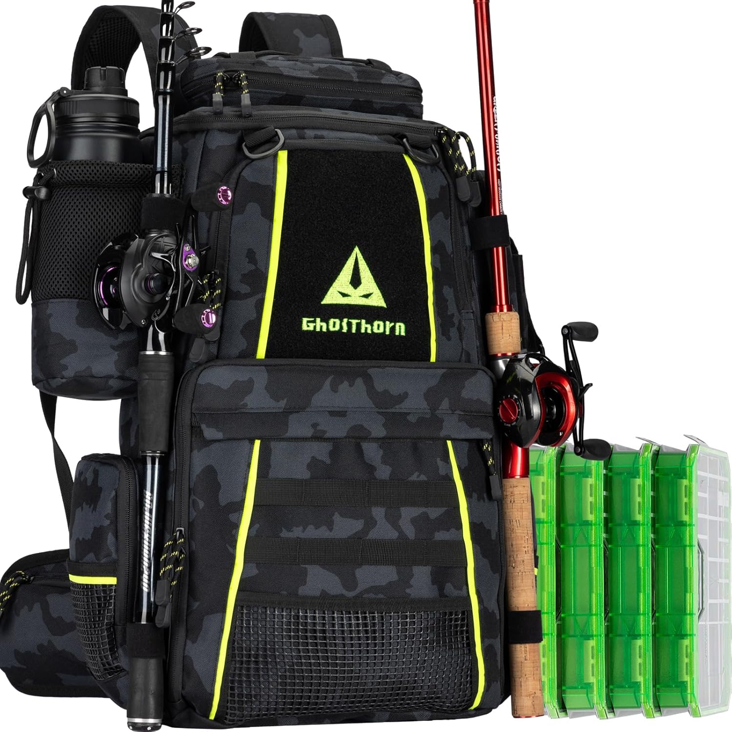 Ghosthorn Fishing Tackle Backpack with 4 Tackle Boxes and Rod Holder