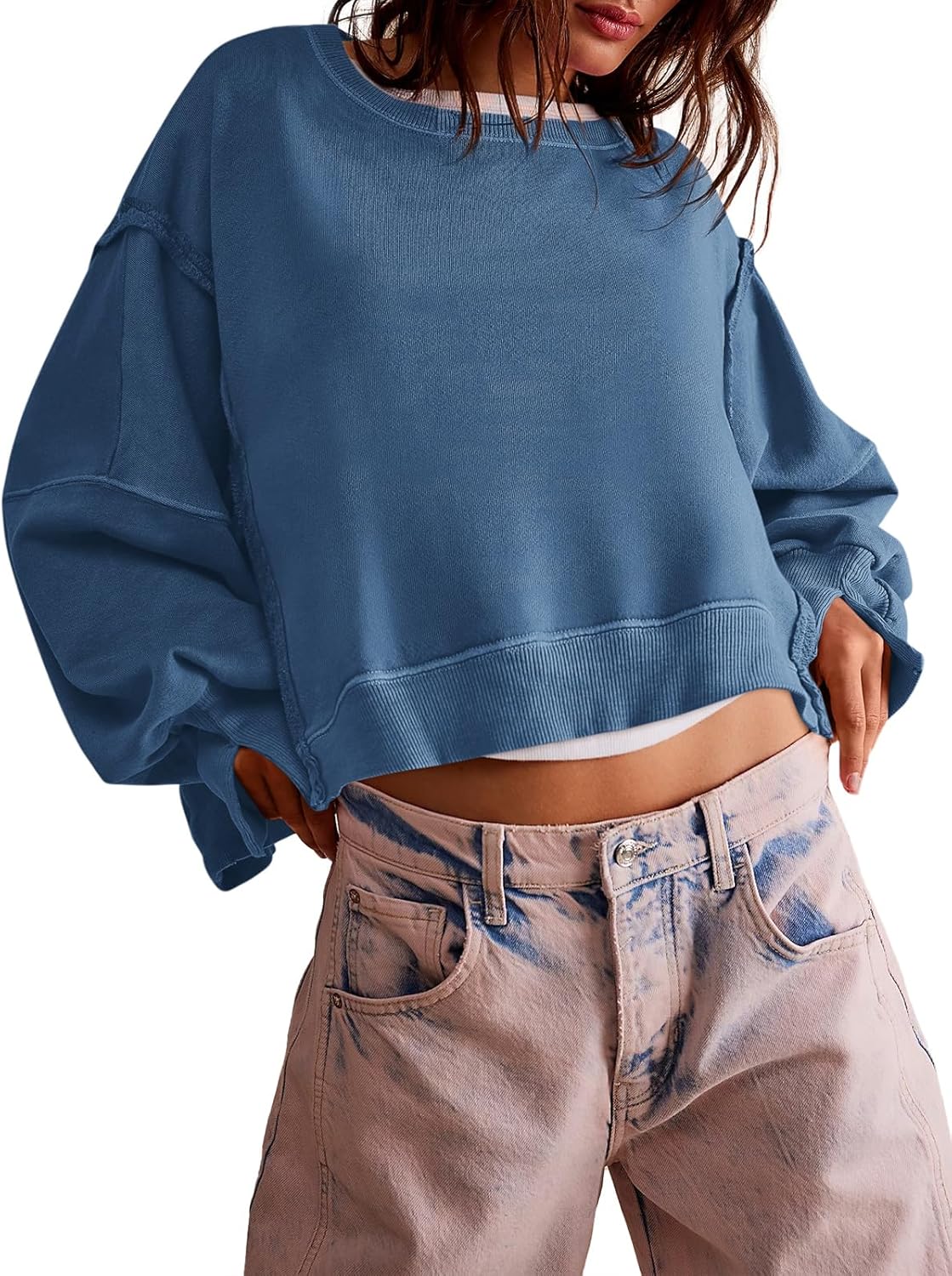 Zwurew Womens Casual Sweatshirt Long Sleeve Crop Pullover Tee