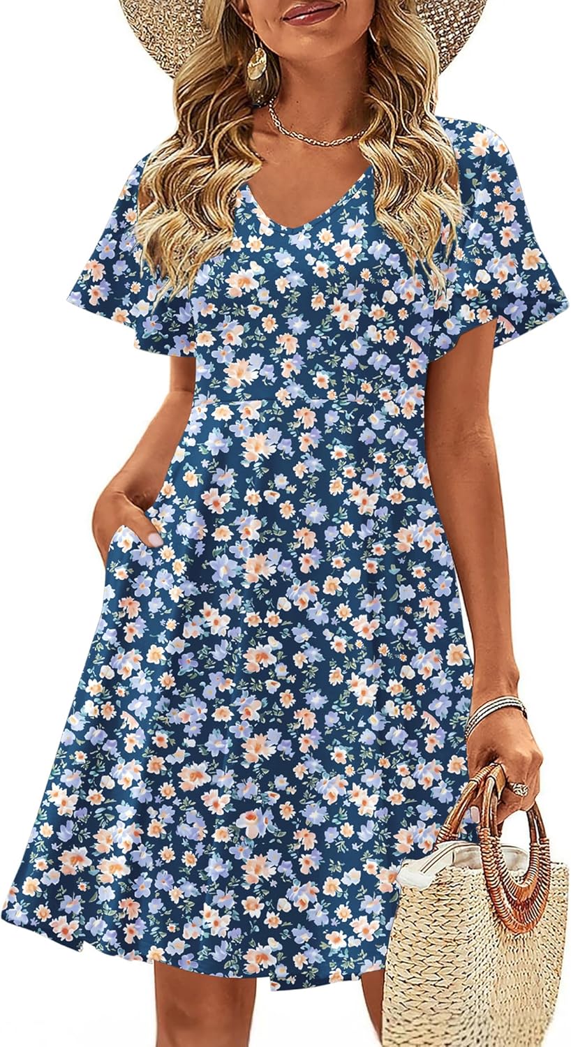 Zeagoo Womens Summer Dress Casual Swing Floral Ruffle Mini A-line