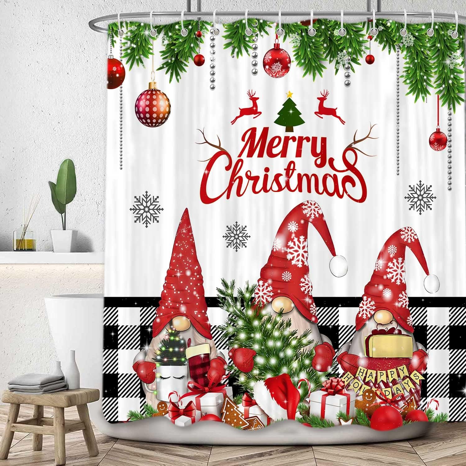 Farmhouse Christmas Gnomes Shower Curtain Set - Festive Bathroom Decor