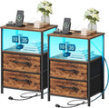 Nightstands Set of 2 with Charging Station and LED Lights - Rustic
