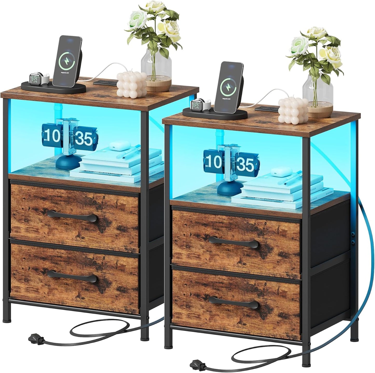 Nightstands Set of 2 with Charging Station and LED Lights