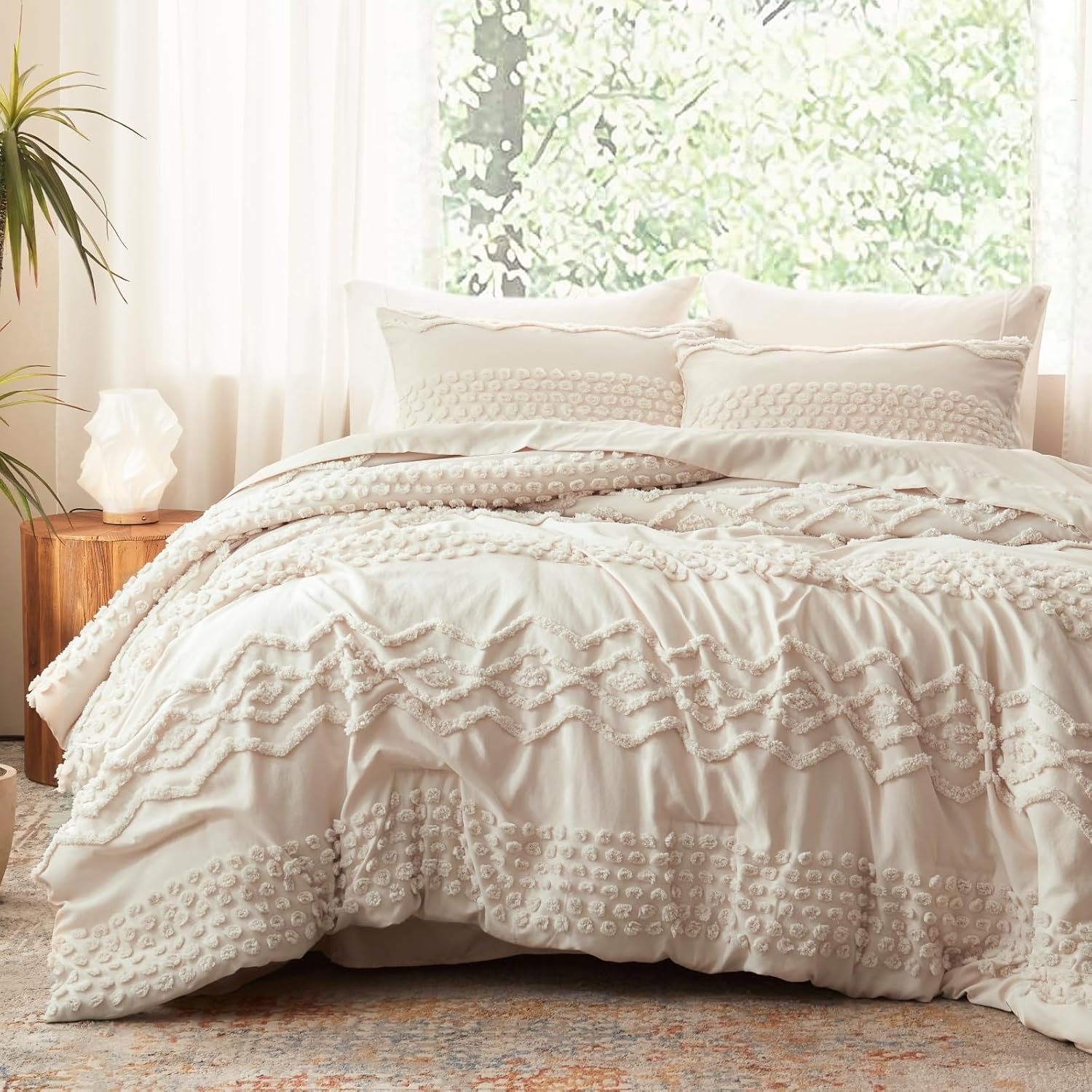 Luxudecor Beige Tufted Comforter Set for Chic Bedroom Style