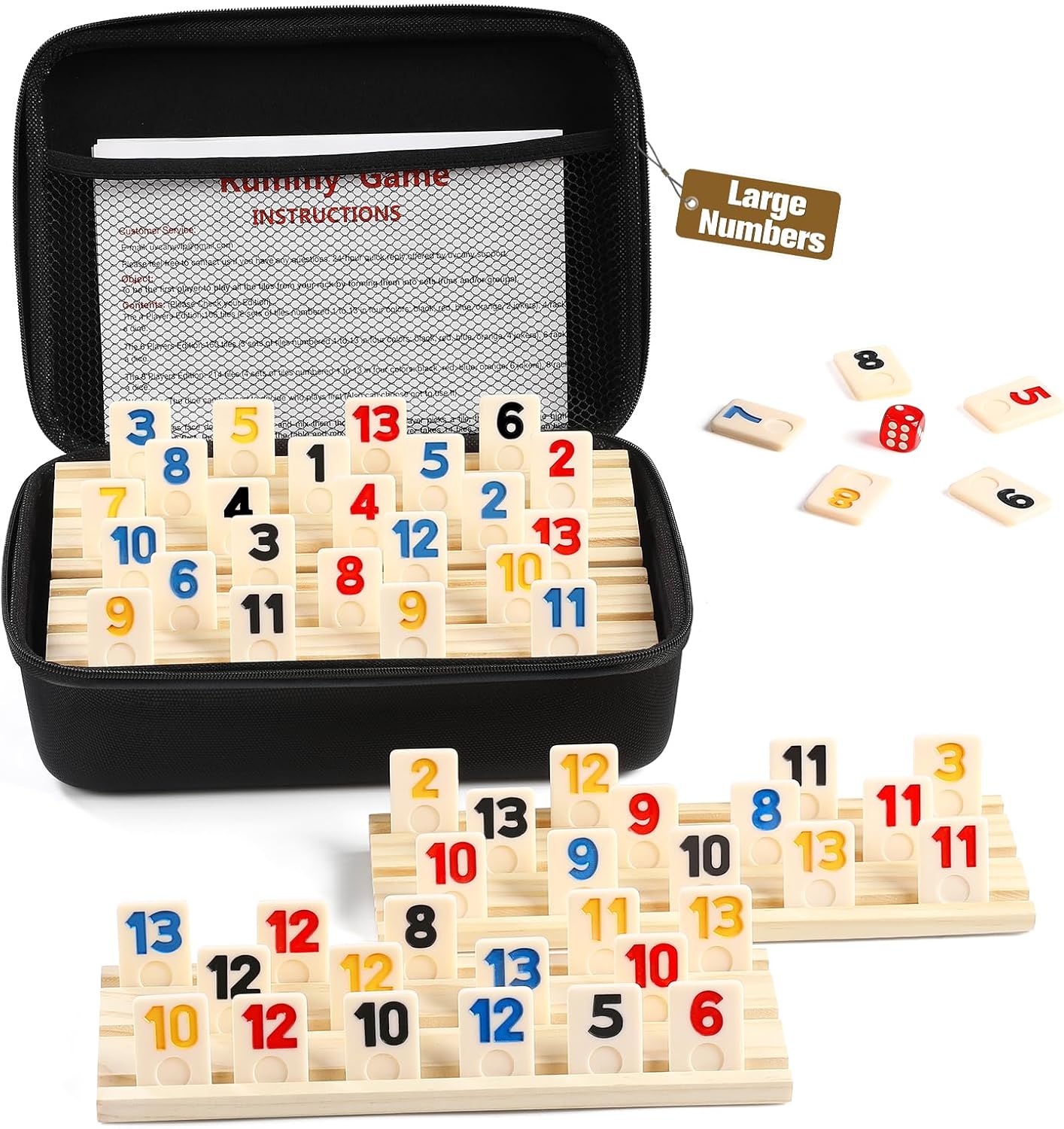 Rummy Cube Game Set with 4 Wooden Racks and 106 Tiles