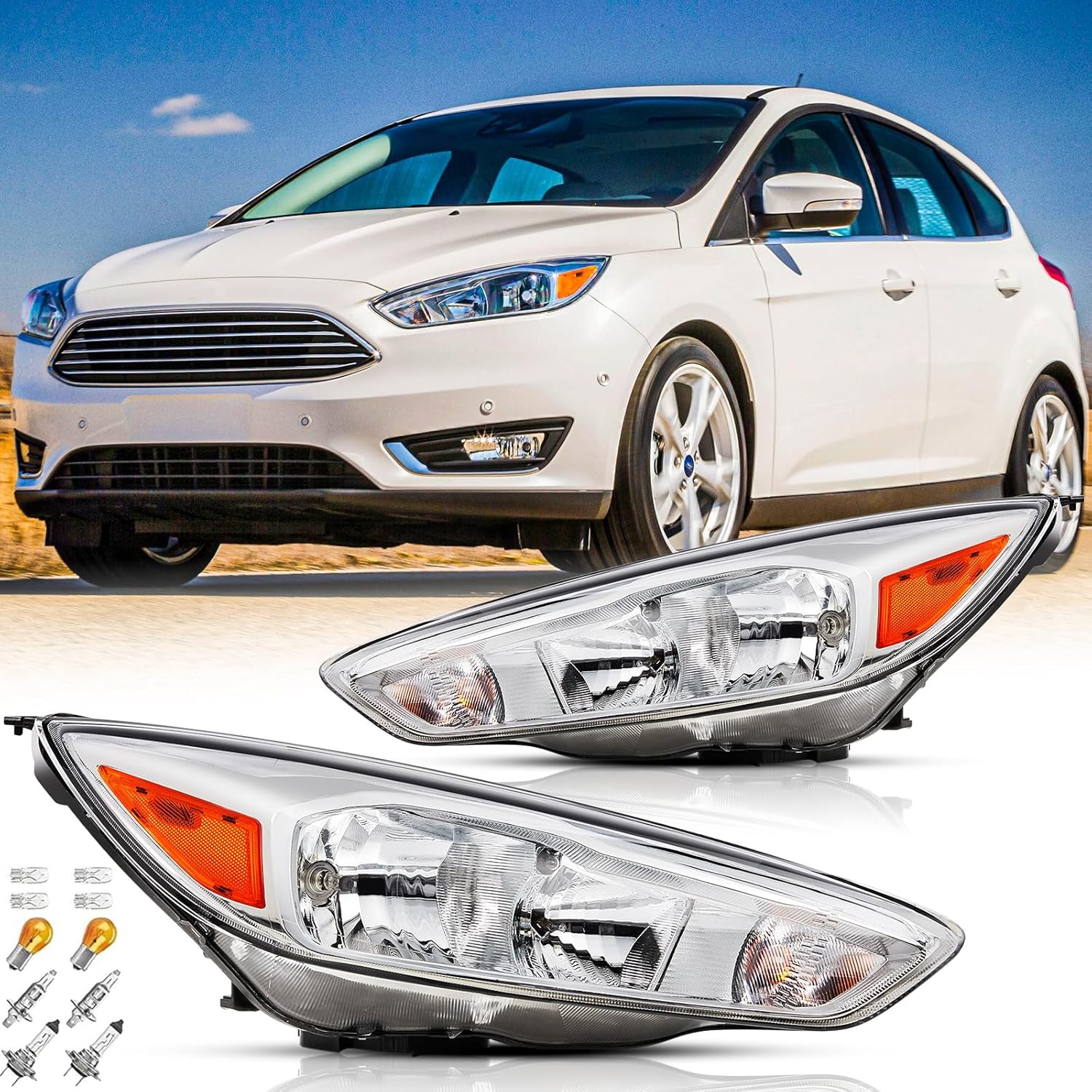 Headlights Assembly with Bulbs for 2015-2018 Ford Focus Models